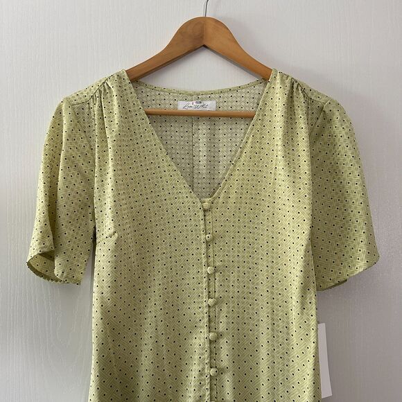 Love, Whit Citron Dot Midi Maxi Dress Womens Tie Waist‎ Green Whitney Port Sz M - Picture 6 of 13